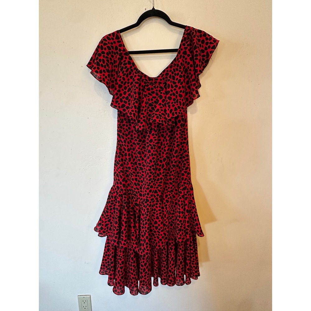 Vintage Red Black Print Flamenco Midi Art Deco Flapper Tiered ruffle dress 8 - Picture 6 of 16